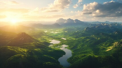 Wall Mural - Aerial View of a Serene Mountain Valley with a Winding River at Sunset