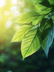 Wall Mural - A close-up photograph of lush green leaves bathed in warm sunlight. The image symbolizes nature, growth, new beginnings,  and the beauty of the natural world.