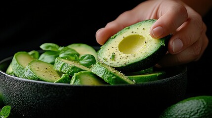 Canvas Print -   A person with an avocado in a leaf-filled bowl, surrounded by sliced avocado