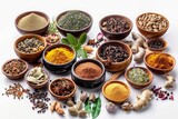 Assortment of spices and herbs in wooden bowls on a white background. Culinary ingredients and seasoning for cooking. Ayurveda, ayurvedic herbs, Generative AI