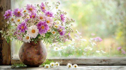 Poster -   A vase filled with purple and white flowers sits on a wooden window sill, framing the beautiful view from the window