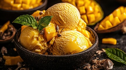 Wall Mural -   Two scoops of mango ice cream in a bowl topped with a fresh green leaf