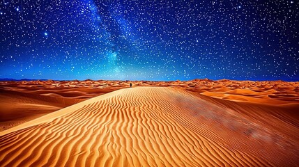 Poster -   A person standing atop a sand dune during twilight, surrounded by a radiant sky adorned with countless stars