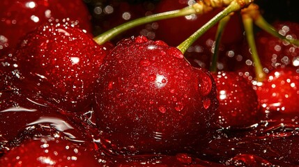 Wall Mural -   Close-up of cherries with droplets of water on top and bottom