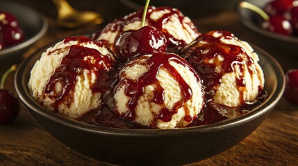 Wall Mural -  Wooden table with ice cream in a bowl, surrounded by cherry-filled bowls