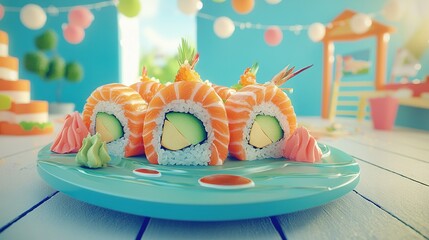 Poster -   A blue plate with sushi rolls, cucumber, and avocado on a wooden table