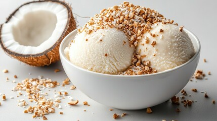   Two scoops of ice cream rest on a white surface beside a partially consumed coconut