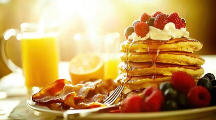 Wall Mural -   A plate of fluffy pancakes topped with juicy fruit and drizzled with sweet syrup, served with a fork and an orange juice glass in the background