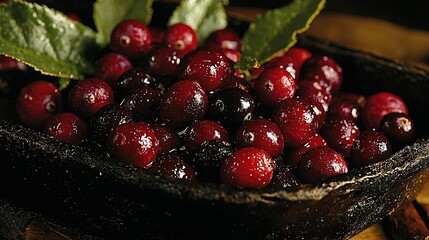 Sticker -   A zoomed-in picture of a cherry bowl, featuring a leaf on top of one of the cherries