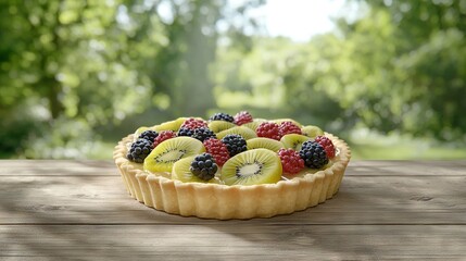 Sticker -   A wooden table is topped with a pie adorned with slices of kiwi and raspberry