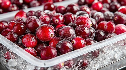 Wall Mural -   A close-up of a cherry container with ice on its rim and cherries in the background