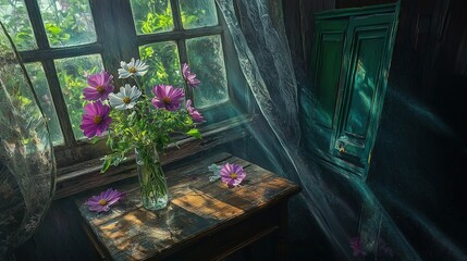 Wall Mural -   A vase brimming with lavender blossoms rests atop a wooden table, near a window with emerald shades