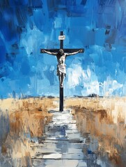 A contemporary abstract depiction of Jesus Christ on the cross against a blue sky background. The artwork symbolizes sacrifice, redemption, faith, and the path to salvation.