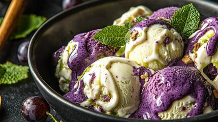 Wall Mural -   A bowl brimming with creamy ice adorned with royal purple and verdant green garnishes, accompanied by a spoon and a wooden spoon