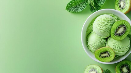   Kiwi-filled white bowl with mint leaves and background