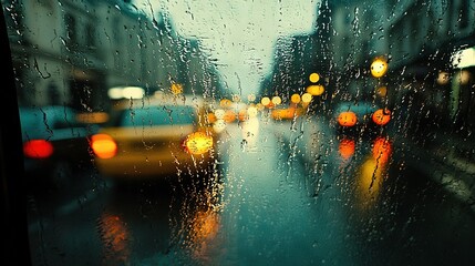 Sticker -   A yellow taxi cab is seen clearly through a rain-covered window on a city street, with another taxi in the background