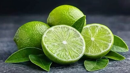 Wall Mural -   A group of limes with leaves on a gray surface, one cut in half and the other