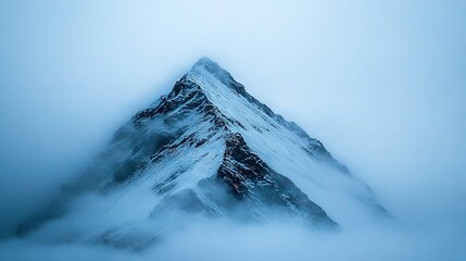 Canvas Print -   A towering mountain cloaked in snow stands majestically amidst a hazy day, with a soaring bird gracefully gliding above