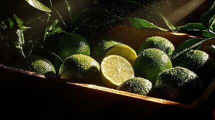 Canvas Print -   A close-up photo of a lime box filled with green limes Sunlight illuminates the box from above, casting shadows on the surrounding leaves