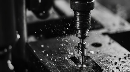 Poster - Close-up of a Drill Bit Cutting Metal with Water Cooling
