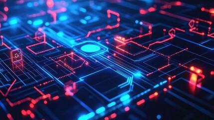 Wall Mural - Futuristic Circuit Board with Neon Blue and Red Lights Symbolizing Cutting-edge Technology and Connectivity