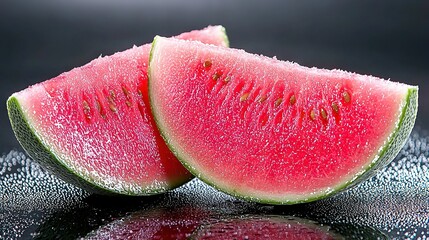 Sticker -   Watermelon slices sit atop black countertop with nearby puddle of water