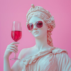 Wall Mural - Arrogant portrait of a sculpture of Aphrodite in fashionable sunglasses with wine glass in hand on pink background with copy space