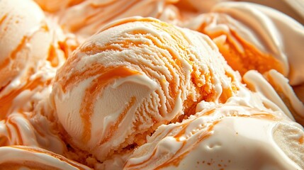   Two scoops of ice cream in a bowl with swirls of orange and white on top