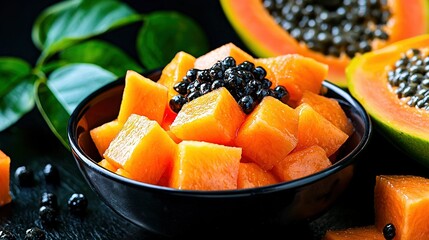 Wall Mural -   A papaya and other fruit bowl on a table, with a leaf nearby