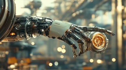 Poster - Close-up of a robotic hand reaching out with a blurred industrial background.