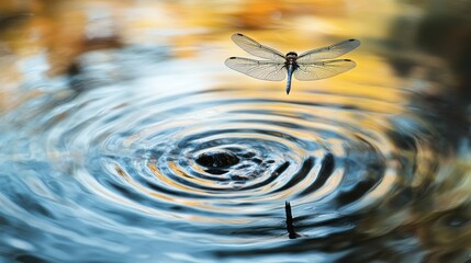 Dragonfly Hovering Above Ripples in Calm Water