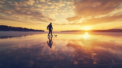 Wall Mural - A person skating on a frozen lake at sunset, creating an inspiring winter evening atmosphere in a serene natural setting