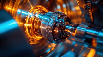 Poster - Close-up of a Rotating Metal Gear with Orange and Blue Lighting