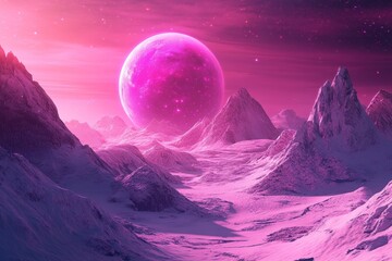 Wall Mural - a mesmerizing digital artwork depicting a vibrant pink planet dominating a snowy mountain range. the