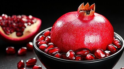 Wall Mural -   A close-up image of a pomegranate in a bowl surrounded by more pomegranates