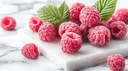 Sticker -   A single green leaf atop a cluster of red raspberries resting on a white background