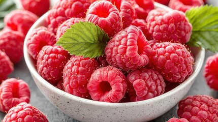 Canvas Print -   A close-up image of a bowl of raspberries adorned with a green leaf atop one of the berries