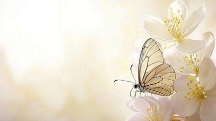 Sticker -   A butterfly perched atop a white blossom adjacent to a bicolor pink and white floret, featuring golden stamens