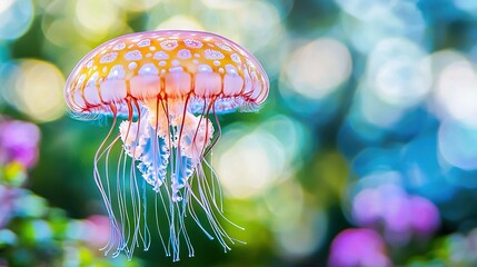 Wall Mural -   A jellyfish floats in focus against a blurred backdrop of foliage