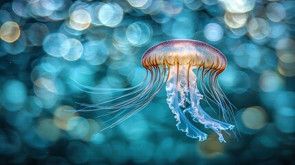 Wall Mural -   A jellyfish close-up in water with lots of bubbles behind