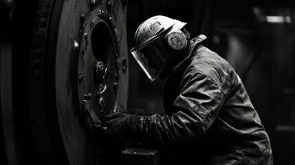 Poster - A Worker in Protective Gear Works on a Large Industrial Machine