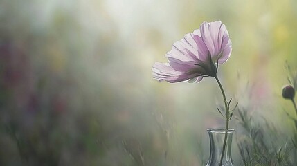 Poster -   A pink flower in a glass vase amidst tall grass with a foggy sky in the distance