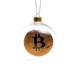 christmas tree decoration ball transparent with bitcoin symbol inside against white or transparent background