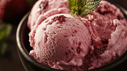   A picture of a bowl filled with two scoops of ice cream topped by a fresh mint sprig