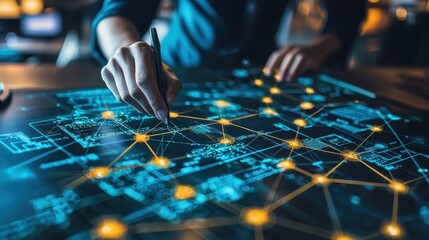 a blockchain developer meticulously examining a complex network diagram, working to optimize the sec