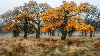 Poster -   A foggy field with yellow-leafed trees amidst brown grass