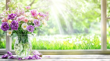 Poster -   A vase holding purple and white blossoms rests atop a window ledge alongside a window sill