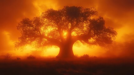 ancient baobab tree in misty savannah at dawn silhouetted wildlife warm color palette ethereal atmosphere