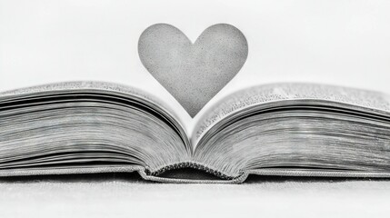 Wall Mural -   An image with a heart-shaped bookmark protruding from the spine of an open book against a white backdrop