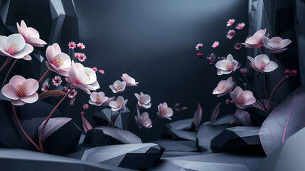 Wall Mural - A beautiful scene of pink flowers blooming in a rocky area